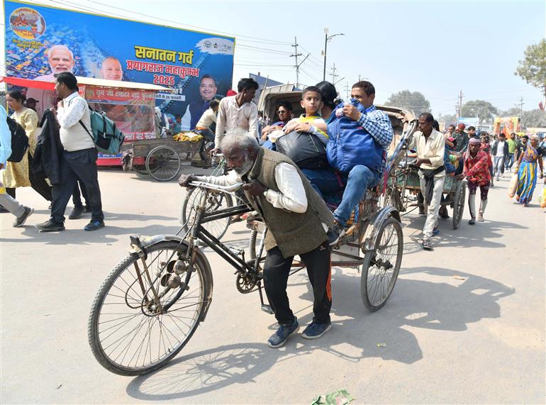 Devotees arrive at Maha Kumbh Mela 2025 in Prayagraj, Uttar Pradesh on February 17, 2025.