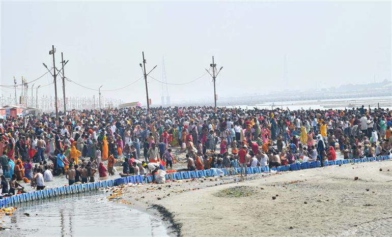 Sangam Snan during the Maha Kumbh Mela 2025 at Triveni Ghat, Prayagraj in Uttar Pradesh on February 17, 2025.