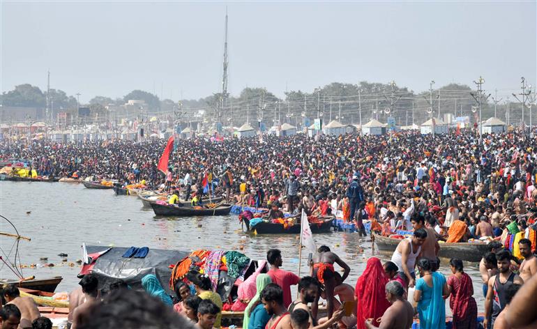 Sangam Snan during the Maha Kumbh Mela 2025 at Triveni Ghat, Prayagraj in Uttar Pradesh on February 17, 2025.