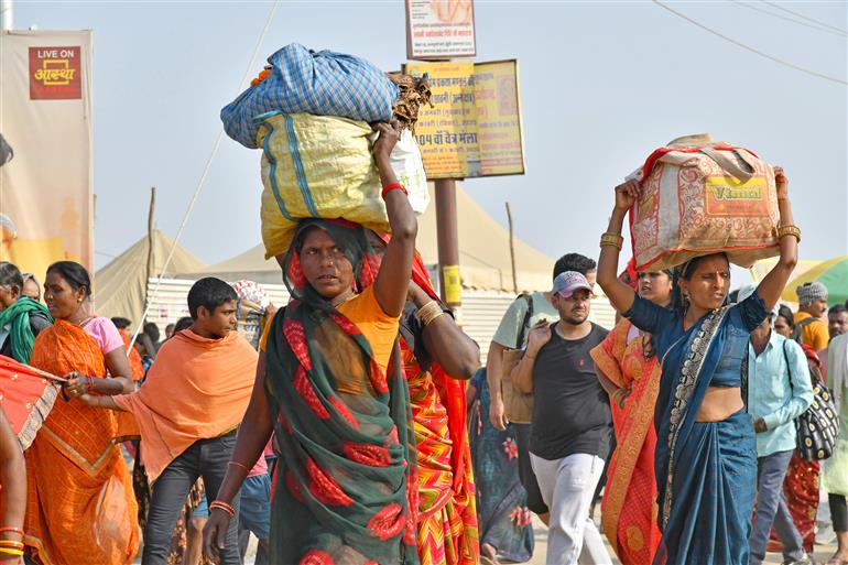 Devotees arrive at Maha Kumbh Mela 2025 in Prayagraj, Uttar Pradesh on February 17, 2025.