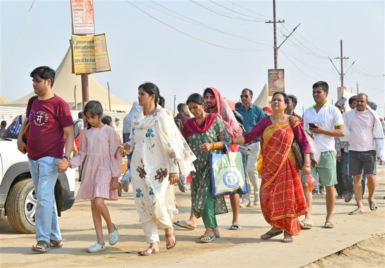 Devotees arrive at Maha Kumbh Mela 2025 in Prayagraj, Uttar Pradesh on February 17, 2025.