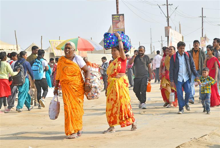 Devotees arrive at Maha Kumbh Mela 2025 in Prayagraj, Uttar Pradesh on February 17, 2025.