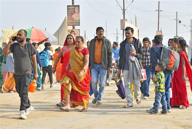 Devotees arrive at Maha Kumbh Mela 2025 in Prayagraj, Uttar Pradesh on February 17, 2025.