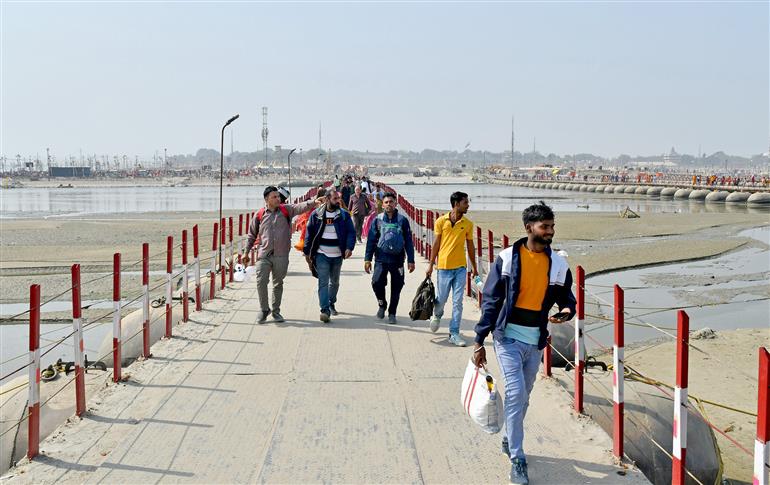 Glimpses of Pontoon bridge during the Maha Kumbh Mela 2025 at Prayagraj in Uttar Pradesh on February 17, 2025.