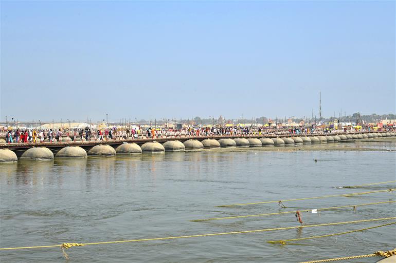 Glimpses of Pontoon bridge during the Maha Kumbh Mela 2025 at Prayagraj in Uttar Pradesh on February 17, 2025.