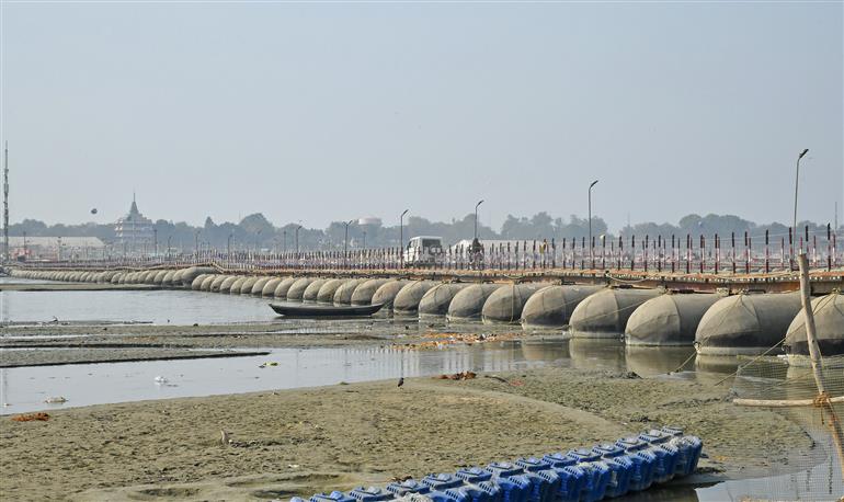 Glimpses of Pontoon bridge during the Maha Kumbh Mela 2025 at Prayagraj in Uttar Pradesh on February 17, 2025.