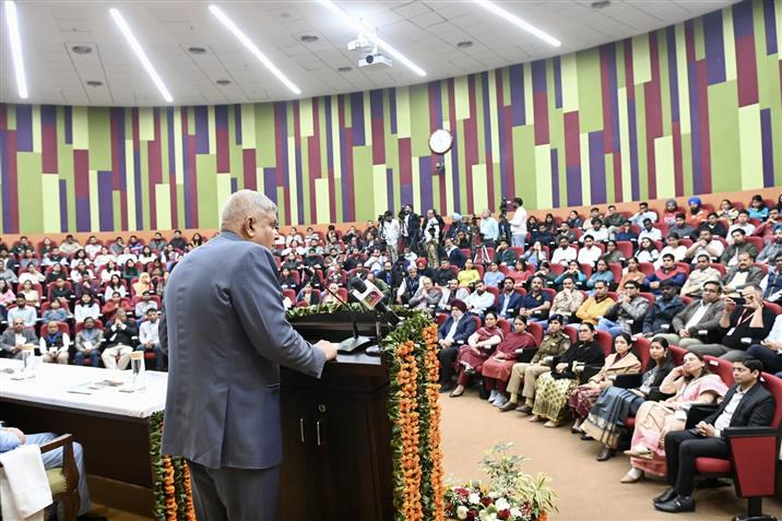 The Vice President of India, Shri Jagdeep Dhankhar addressing the gathering at National Agri-Food and Biomanufacturing Institute, Mohali, in Punjab on February 17, 2025.