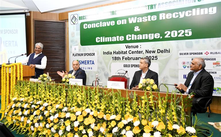 The Union Minister for Environment, Forest and Climate Change, Shri Bhupender Yadav addressing on 18th Conclave on Waste Recycling and Climate Change 2025, organised by Recycling & Environment Industry Association of India, at India Habitat Centre, in New Delhi on February 18, 2025.