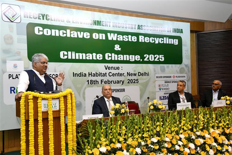 The Union Minister for Environment, Forest and Climate Change, Shri Bhupender Yadav addressing on 18th Conclave on Waste Recycling and Climate Change 2025, organised by Recycling & Environment Industry Association of India, at India Habitat Centre, in New Delhi on February 18, 2025.