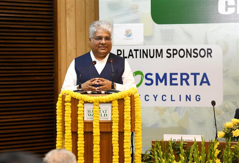 The Union Minister for Environment, Forest and Climate Change, Shri Bhupender Yadav addressing on 18th Conclave on Waste Recycling and Climate Change 2025, organised by Recycling & Environment Industry Association of India, at India Habitat Centre, in New Delhi on February 18, 2025.