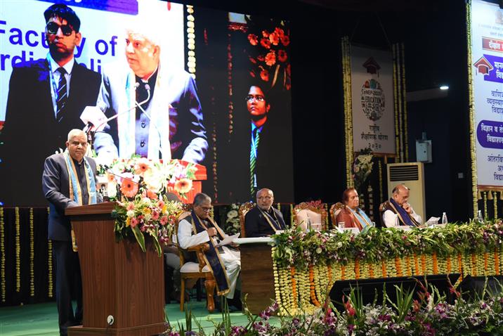 The Vice President of India, Shri Jagdeep Dhankhar addressing the students and faculty members of Dr. Babasaheb Ambedkar Marathwada University at the 65th Annual Convocation Ceremony of Dr. Babasaheb Ambedkar Marathwada University at Chhatrapati Sambhajinagar, in Maharashtra on February 22, 2025.