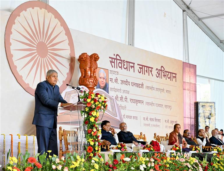 The Vice President of India, Shri Jagdeep Dhankhar addressing the students and faculty members at the inauguration of ‘Constitution Awareness Year’ at SB College of Arts and Commerce at Chhatrapati Sambhajinagar, in Maharashtra on February 22, 2025.