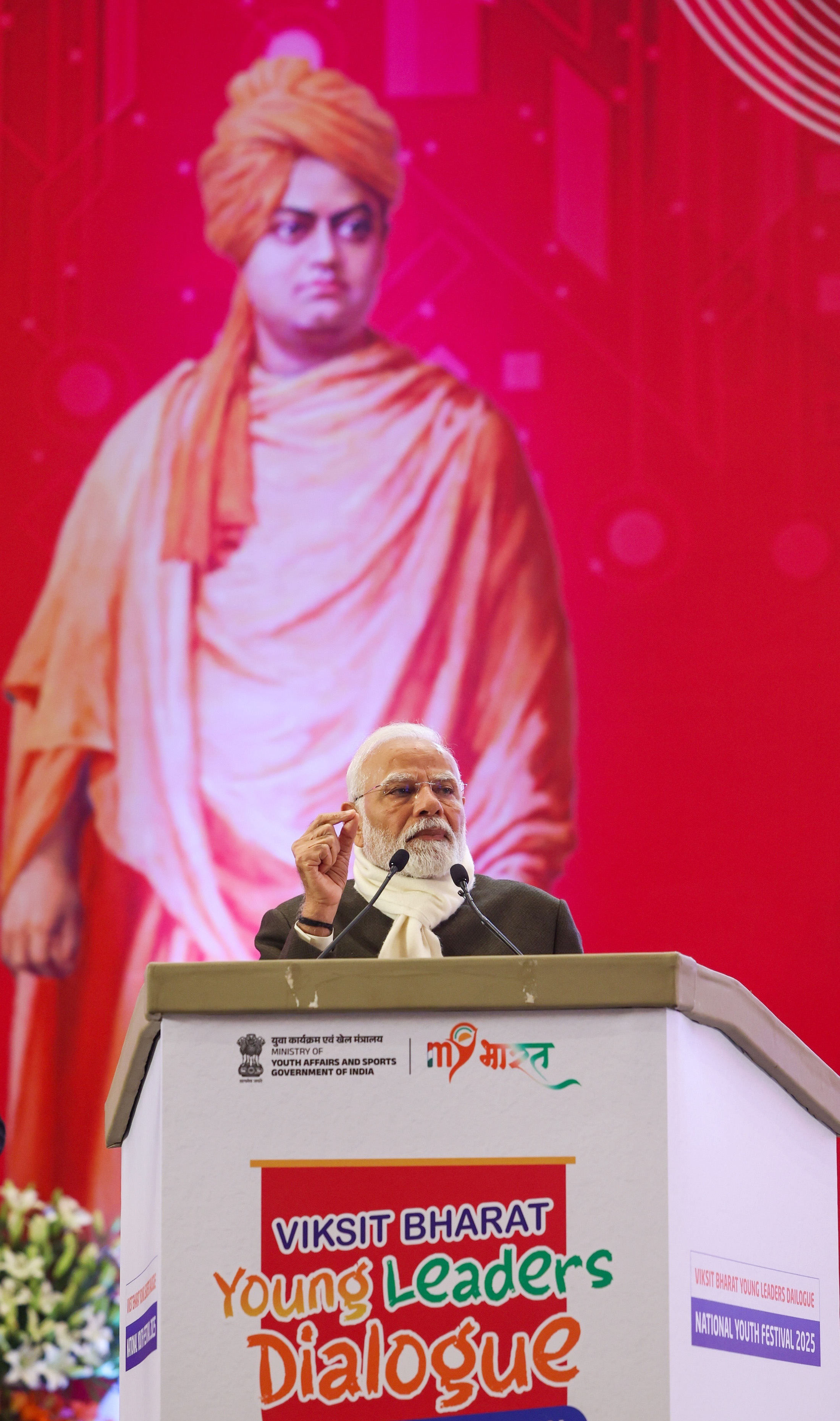 PM addressing at Viksit Bharat Young Leaders Dialogue 2025 in Bharat Mandapam, New Delhi on January 12, 2025.