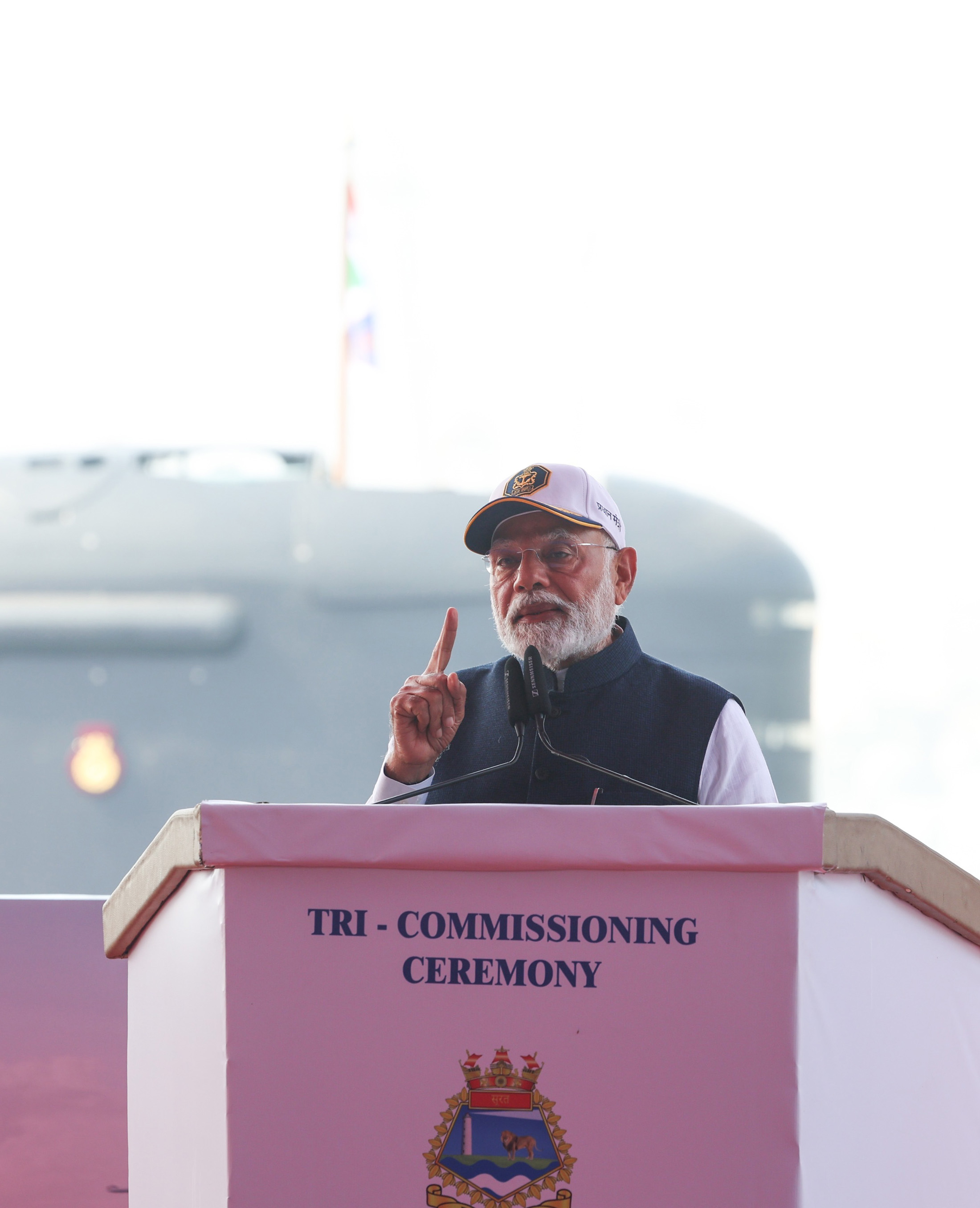 PM addressing at the Commissioning of Indian Naval Ships Surat, Nilgiri and Vaghsheer, in Mumbai on January 15, 2025.