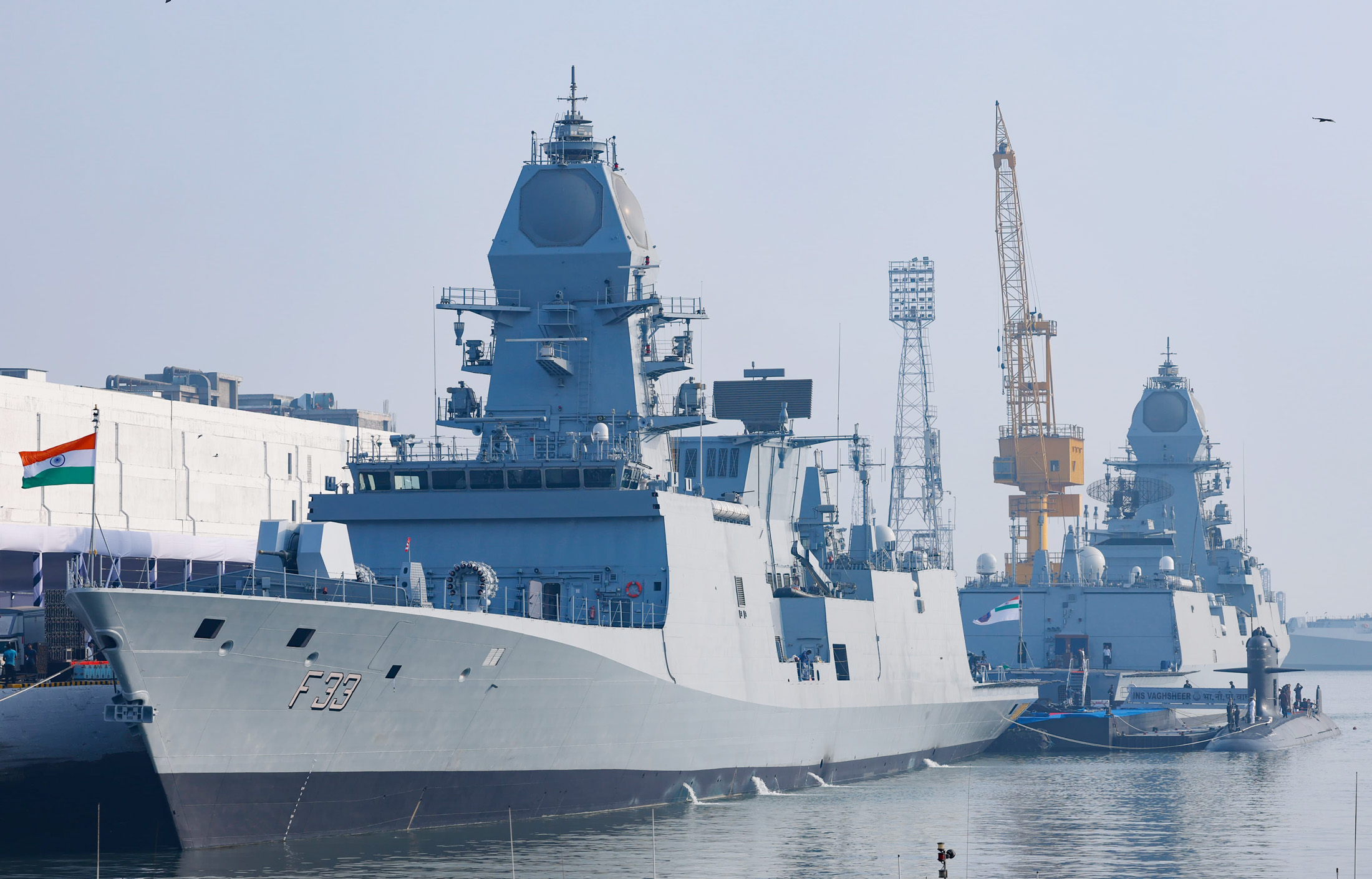 INS Surat, INS Nilgiri and INS Vaghsheer at the Naval Dockyard in Mumbai, Maharashtra on January 15, 2025.