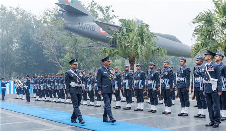 Air Marshal Jeetendra Mishra AVSM VSM inspecting the guard of honour at HQ WAC before taking over command, in New Delhi on January 01, 2025.