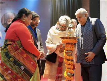 The Vice President of India, Shri Jagdeep Dhankhar lighting the lamp at the inauguration of the 27th International Congress of Vedanta at Jawaharlal Nehru University, in New Delhi on January 03, 2025.