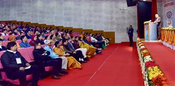 The Vice President of India, Shri Jagdeep Dhankhar addressing the gathering at the inauguration of the 27th International Congress of Vedanta at Jawaharlal Nehru University, in New Delhi on January 03, 2025.