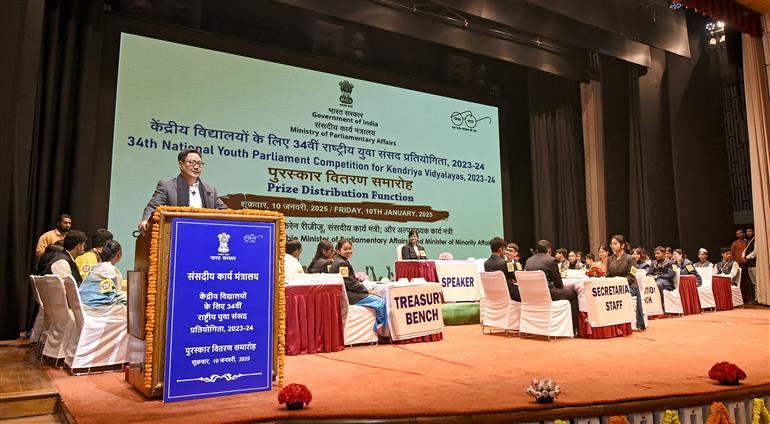 The Union Minister of Parliamentary Affairs and Minority Affairs, Shri Kiren Rijiju addressing at the Prize Distribution Function of the 34th National Youth Parliament Competition, 2023-24 for Kendriya Vidyalayas at GMC Balayogi Auditorium (Parliament House Complex), in New Delhi on January 10, 2025.