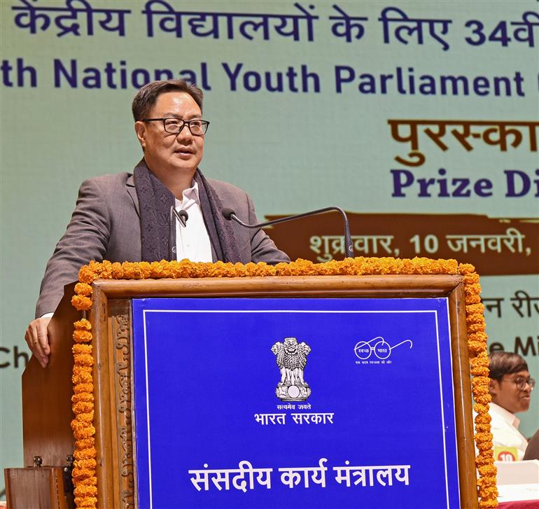 The Union Minister of Parliamentary Affairs and Minority Affairs, Shri Kiren Rijiju addressing at the Prize Distribution Function of the 34th National Youth Parliament Competition, 2023-24 for Kendriya Vidyalayas at GMC Balayogi Auditorium (Parliament House Complex), in New Delhi on January 10, 2025.