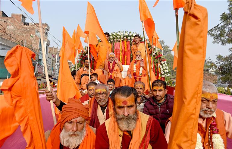 Sadhus take part in Nagar Pravesh procession ahead of Maha-Kumbh Mela 2025 at Prayagraj, in Uttar Pradesh on January 10, 2025.:Ministry of Culture