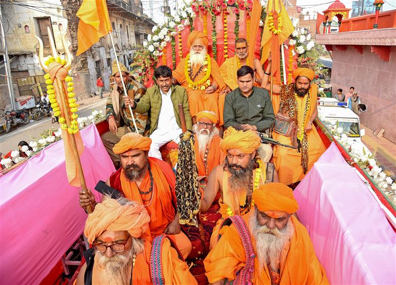 Sadhus take part in Nagar Pravesh procession ahead of Maha-Kumbh Mela 2025 at Prayagraj, in Uttar Pradesh on January 10, 2025.:Ministry of Culture