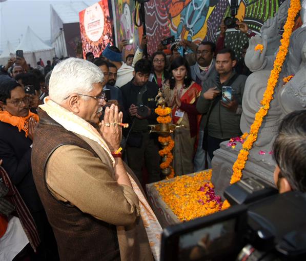 The Union Minister of Culture and Tourism, Shri Gajendra Singh Shekhawat performs Puja during the inauguration of “Mahakumbh Kalagram” at Prayagraj, in Uttar Pradesh on January 12, 2025.:Ministry of Culture