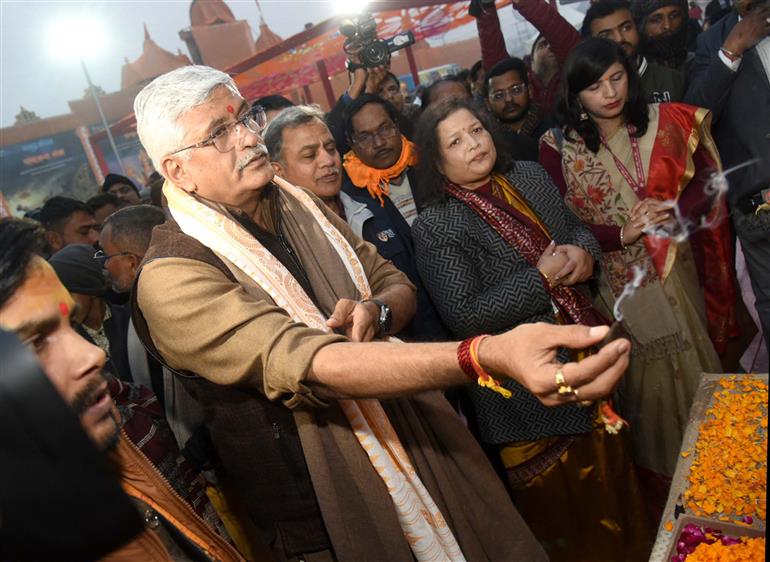 The Union Minister of Culture and Tourism, Shri Gajendra Singh Shekhawat performs Puja during the inauguration of “Mahakumbh Kalagram” at Prayagraj, in Uttar Pradesh on January 12, 2025.:Ministry of Culture