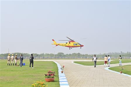 Helicopter services for airlifting ill pilgrims at Gangasagar Mela 2025, in West Bengal on January 13, 2025.:Ministry of Culture