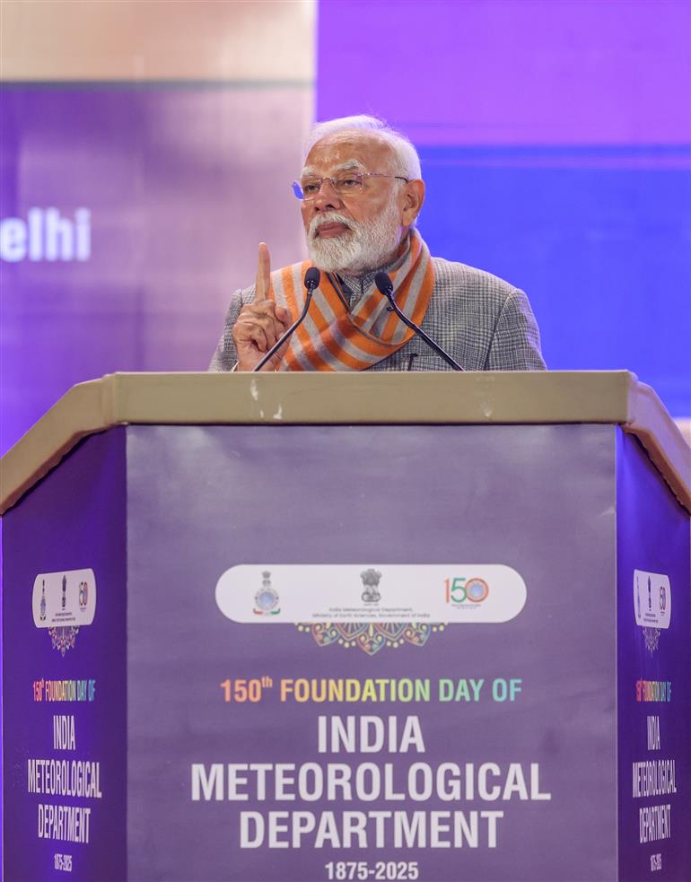 PM addressing at the celebrations of 150th Foundation Day of India Meteorological Department at Bharat Mandapam, in New Delhi on January 14, 2025.