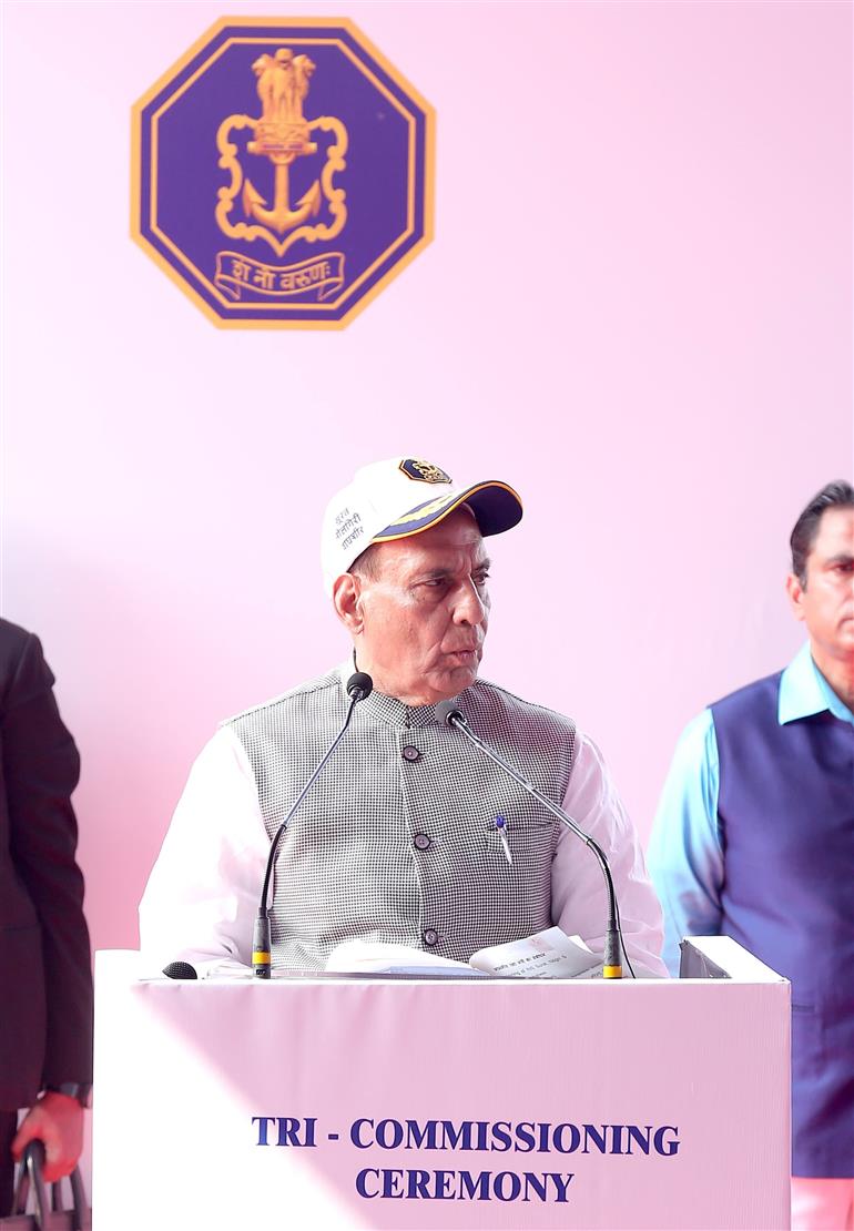 The Union Minister for Defence, Shri Rajnath Singh addressing at the Commissioning of Indian Naval Ships Surat, Nilgiri and Vaghsheer, in Mumbai on January 15, 2025.