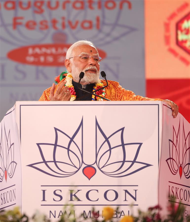 PM addressing at the inauguration of Sri Sri Radha Madanmohanji Temple, in Navi Mumbai on January 15, 2025.