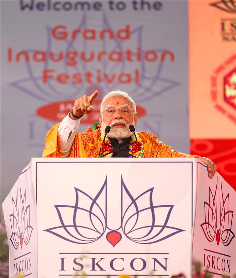 PM addressing at the inauguration of Sri Sri Radha Madanmohanji Temple, in Navi Mumbai on January 15, 2025.