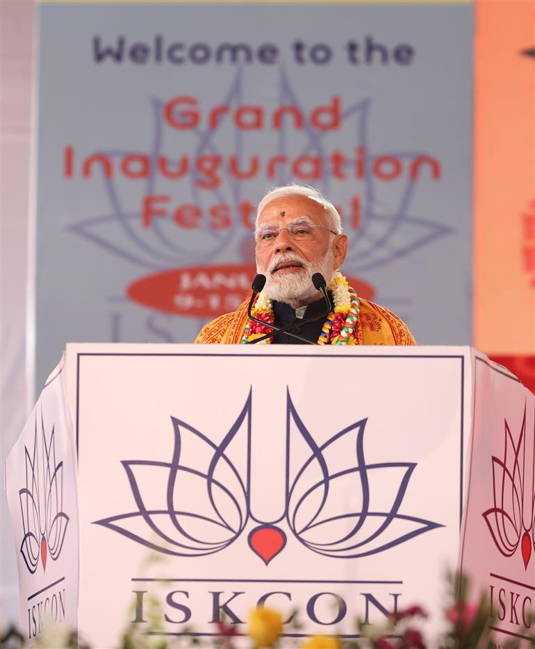 PM addressing at the inauguration of Sri Sri Radha Madanmohanji Temple, in Navi Mumbai on January 15, 2025.