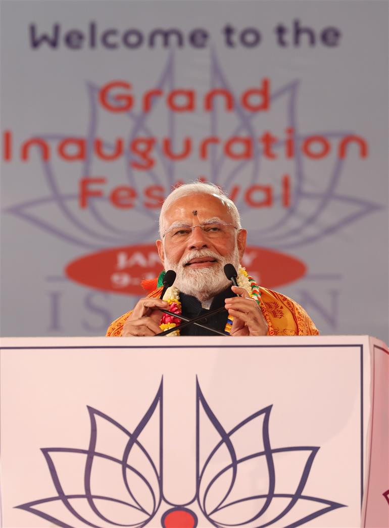 PM addressing at the inauguration of Sri Sri Radha Madanmohanji Temple, in Navi Mumbai on January 15, 2025.