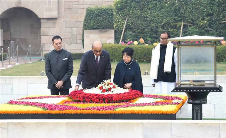 The President of the Republic of Singapore, Mr. Tharman Shanmugaratnam laying a wreath at the Samadhi of Mahatma Gandhi at Rajghat, in Delhi on January 16, 2025.