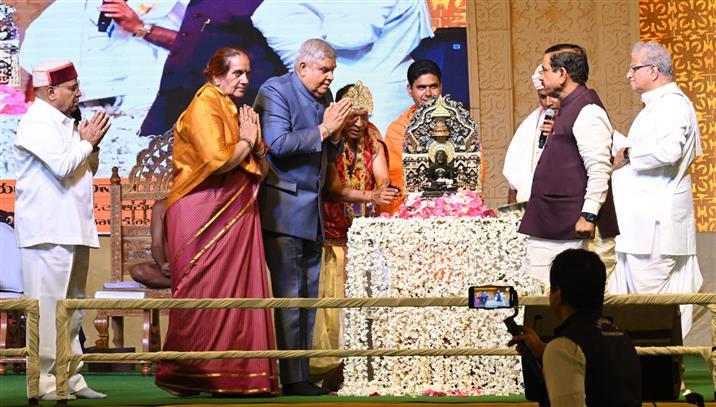 The Vice President of India, Shri Jagdeep Dhankhar and Dr Sudesh Dhankhar at the inauguration of Sumeru Parvat at Navagraha Teertha Kshethra, in Varur, Karnataka on January 16, 2025.