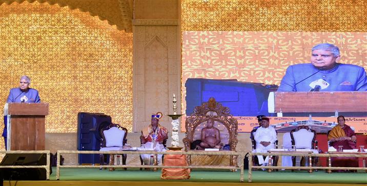 The Vice President of India, Shri Jagdeep Dhankhar addressing the gathering at the inauguration of Sumeru Parvat at Navagraha Teertha Kshethra, in Varur, Karnataka on January 16, 2025.