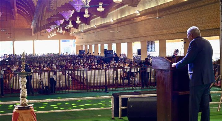 The Vice President of India, Shri Jagdeep Dhankhar addressing the gathering at the inauguration of Sumeru Parvat at Navagraha Teertha Kshethra, in Varur, Karnataka on January 16, 2025.