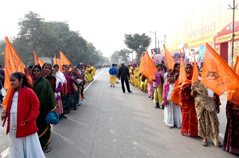 Devotees participates in Shobha Yatra during the Maha Kumbh Mela 2025 at Prayagraj, in Uttar Pradesh on January 16, 2025.:Ministry of Culture