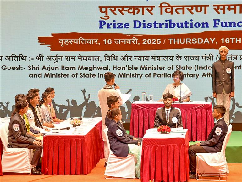 The Minister of State (Independent Charge) for Law and Justice & Parliamentary Affairs, Shri Arjun Ram Meghwal attends the Prize Distribution Function of 25th National Youth Parliament Competition, 2023-24 for Jawahar Navodaya Vidyalayas, in New Delhi on January 16, 2025.