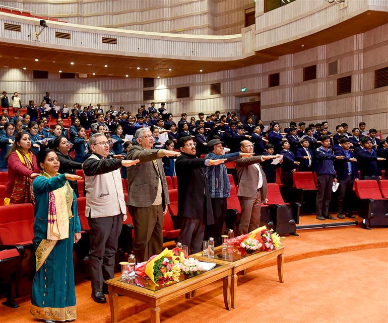 The Minister of State (Independent Charge) for Law and Justice & Parliamentary Affairs, Shri Arjun Ram Meghwal attends the Prize Distribution Function of 25th National Youth Parliament Competition, 2023-24 for Jawahar Navodaya Vidyalayas, in New Delhi on January 16, 2025.