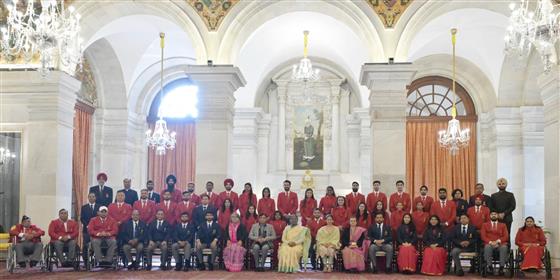 The President of India, Smt Droupadi Murmu in a group photograph during National Sports and Adventure Awards 2024 at a function, in Rashtrapati Bhavan, New Delhi on January 17, 2025.