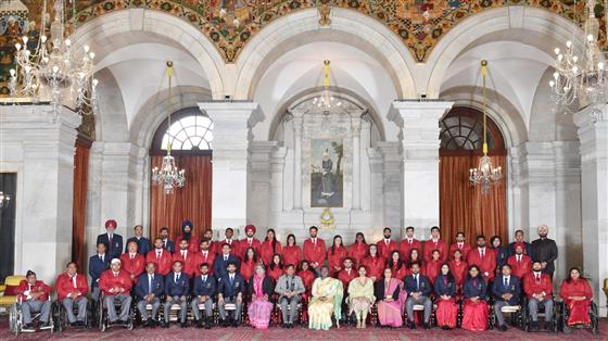 The President of India, Smt Droupadi Murmu in a group photograph during National Sports and Adventure Awards 2024 at a function, in Rashtrapati Bhavan, New Delhi on January 17, 2025.