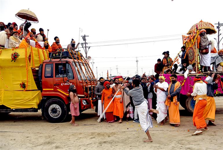 Devotees participate in a vibrant Shobha Yatra in Prayagraj during the Maha-Kumbh Mela on January 17, 2025, with elaborately decorated vehicles, enigmatic rituals, and fervent spiritual energy.:Ministry of Culture