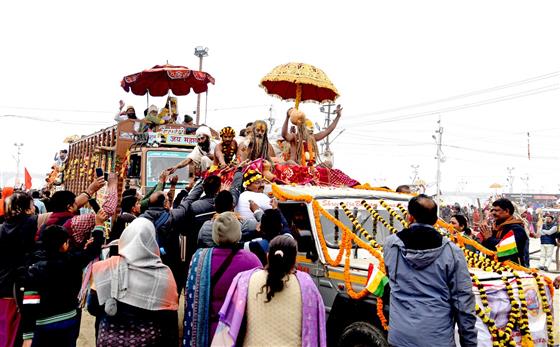 Devotees participate in a vibrant Shobha Yatra in Prayagraj during the Maha-Kumbh Mela on January 17, 2025, with elaborately decorated vehicles, enigmatic rituals, and fervent spiritual energy.:Ministry of Culture