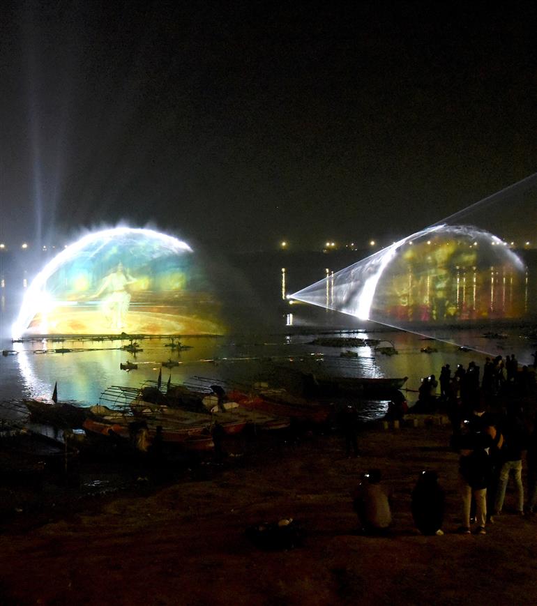 A mesmerizing view of the laser show at the Maha Kumbh Mela 2025 in Prayagraj, Uttar Pradesh on January 16, 2025.:Ministry of Culture