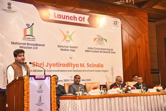 The Union Minister of Communications and Development of North Eastern Region (DoNER), Shri Jyotiraditya M. Scindia addressing at the Launch of Sanchar Saathi Mobile App, National Broadband Mission 2.0 & Inauguration of Intra Circle Roaming at DBN funded 4G Mobile sites at Hotel Ashok (Chanakyapuri), in New Delhi on January 17, 2025.