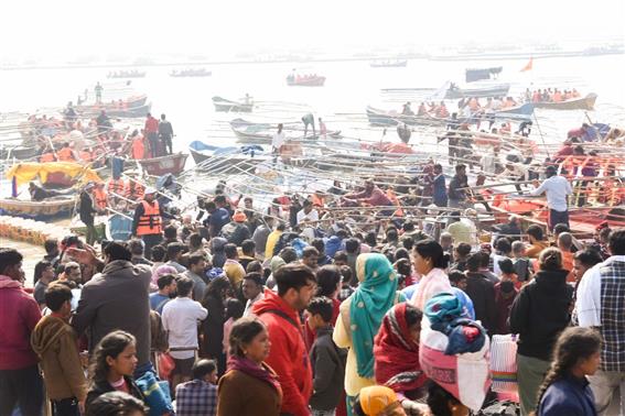 Devotees gathered for Sangam Snan at the Maha Kumbh Mela 2025 at Prayagraj, in Uttar Pradesh on January 18, 2025.:Ministry of Culture