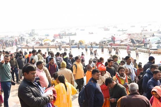 Devotees gathered for Sangam Snan at the Maha Kumbh Mela 2025 at Prayagraj, in Uttar Pradesh on January 18, 2025.:Ministry of Culture